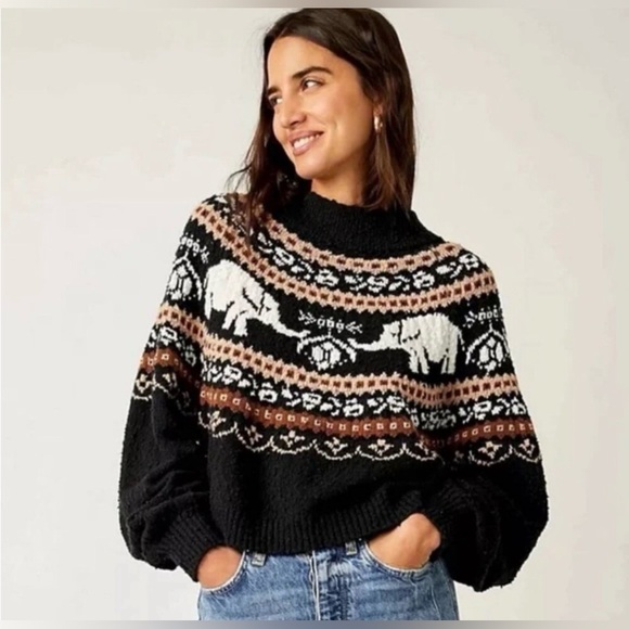 Free People Sweaters - Free People Nellie Fair Isle Elephant Boucle Knit Black Swearer Medium